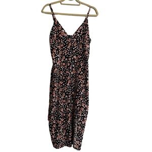 SHEIN‎ Midi Slip Dress Womens Large Black Pink Floral V-Neck Slit Summer Boho